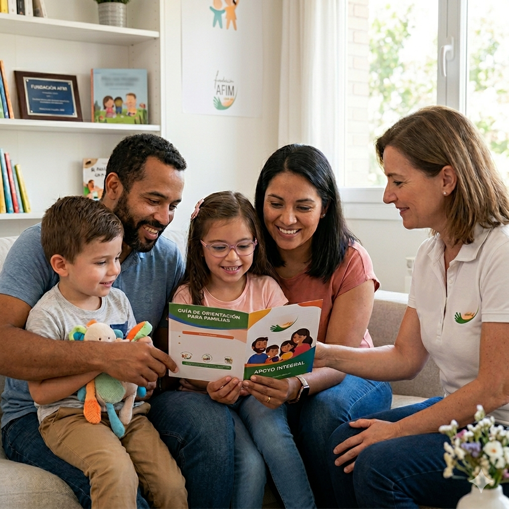 Una orientadora de la Fundación AFIM sentada en un sofá junto a una familia con dos niños pequeños, mostrándoles una guía de apoyo integral.