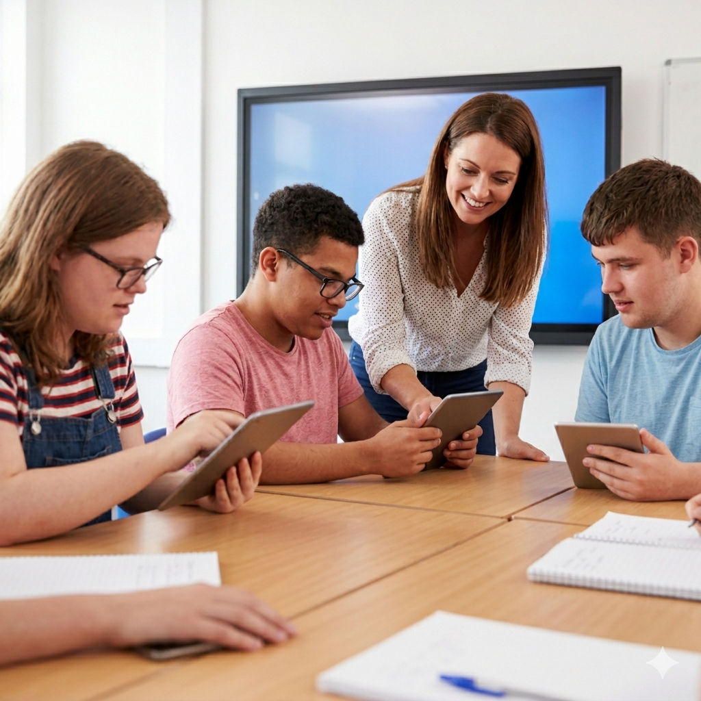 Una profesora y tres jóvenes con discapacidad intelectual trabajando de forma colaborativa con tabletas digitales en un aula moderna de formación.