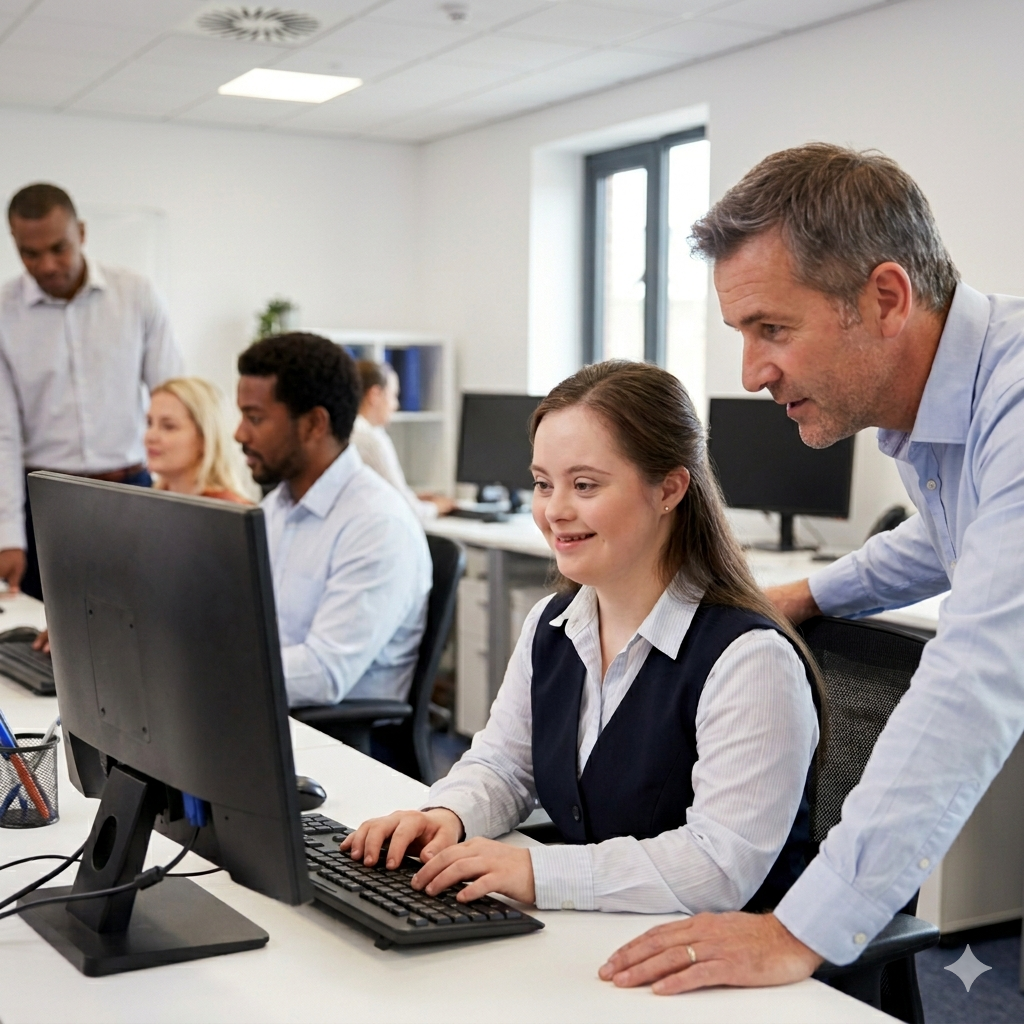 Una mujer joven con síndrome de Down trabajando con un ordenador en una oficina, mientras un compañero de trabajo le da indicaciones con una sonrisa.